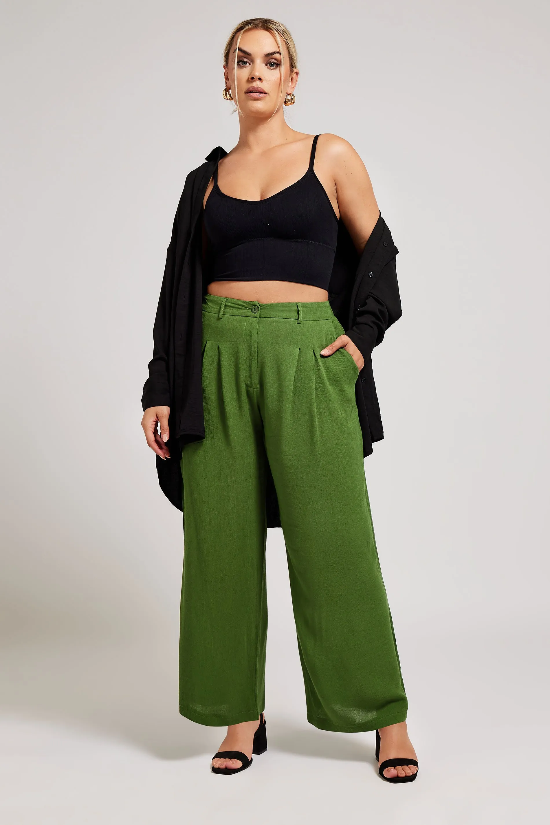 YOURS LONDON Curve Green Pleat Front Wide Leg Trousers