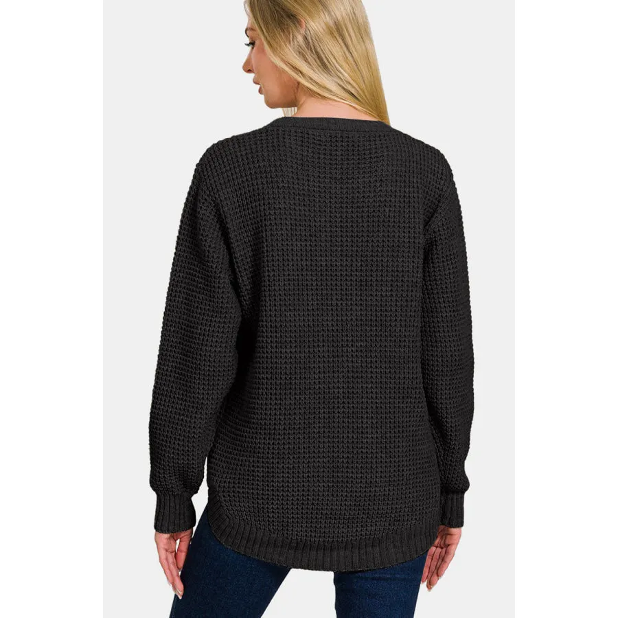 Zenana High Low Long Sleeve Waffle Sweater