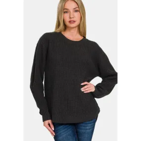 Zenana High Low Long Sleeve Waffle Sweater