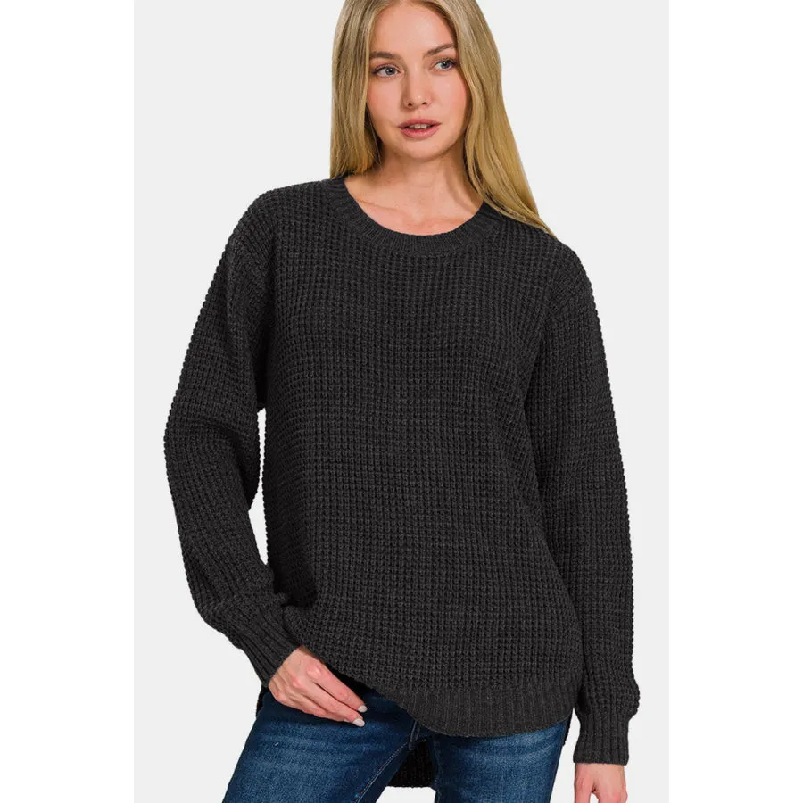 Zenana High Low Long Sleeve Waffle Sweater